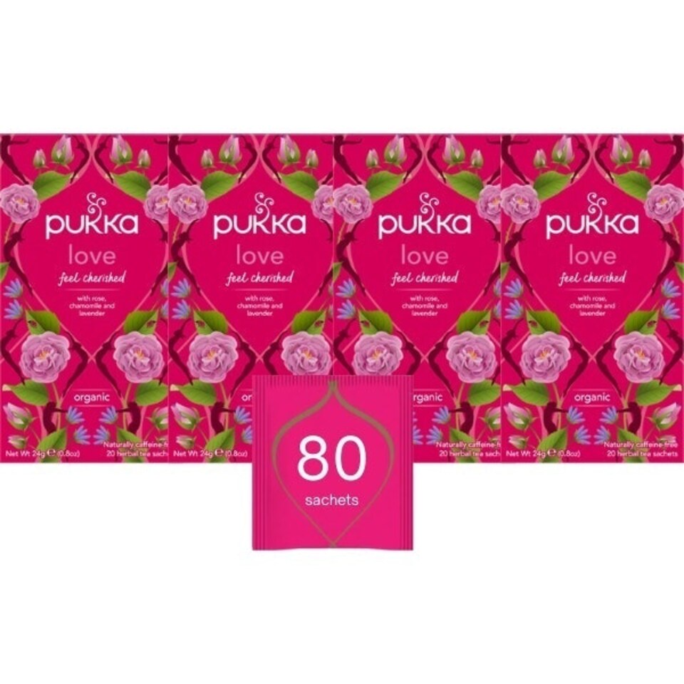 Pukka Herbs Organic Herbal Tea, Love, 4 Packs, 80 Teabags | Pink | 4