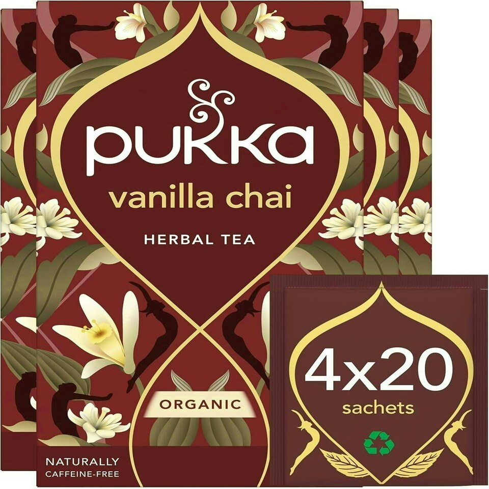Pukka Herbs Organic Herbal Tea, Vanilla Chai, 4 Packs, 80 Teabags | Brown | 4