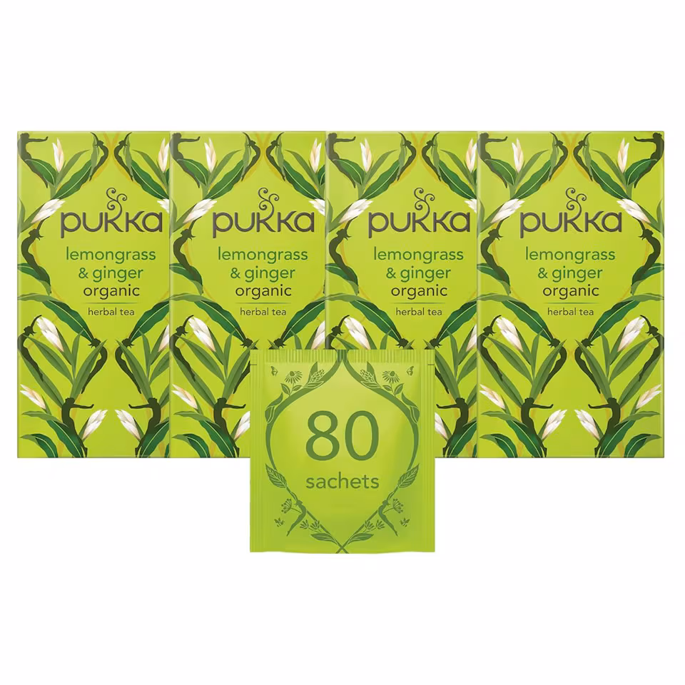 Pukka Herbs Organic Herbal Tea, Lemongrass & Ginger, 4 Packs, 80 Teabags | Green | 4