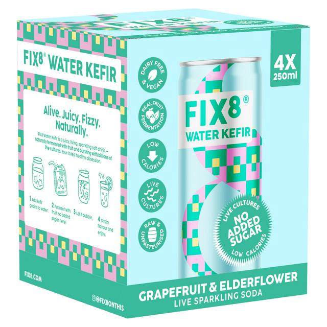 Fix8 Water Kefir Grapefruit & Elderflower Live Sparkling Soda 4 x 250ml