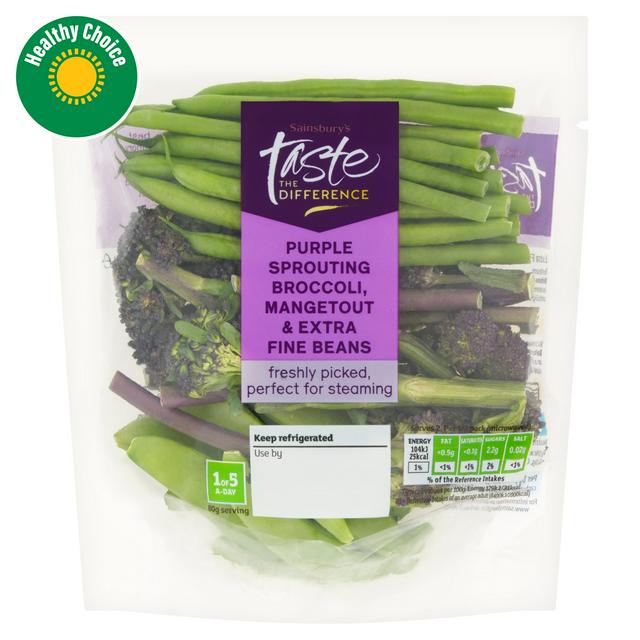 Sainsbury's Purple Sprouting Broccoli, Mangetout & Extra Fine Beans, Taste the Difference 160g
