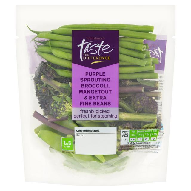 Sainsbury's Purple Sprouting Broccoli, Mangetout & Extra Fine Beans, Taste the Difference 160g
