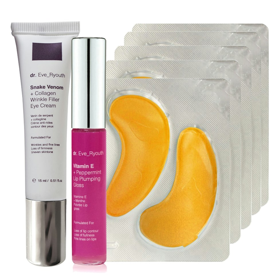 24K Gold + Antioxidant Hydrating Eye Treatments Pads + Vitamin E And Peppermint Lip Plumps 8ml + Snake Venom + Collagen Wrinkle Filler Eye Cream 15