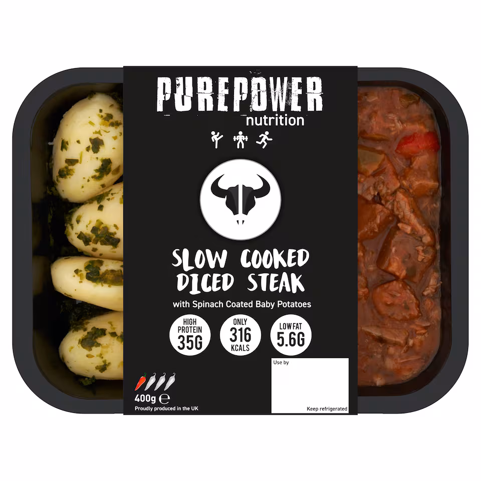 PUREPOWER NUTRITION SLOW COOKED DICED STEAK WITH SPINACH COATED BABY POTATOES 400G