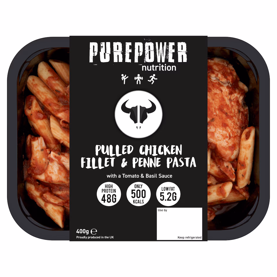PUREPOWER NUTRITION PULLED CHICKEN FILLET AND PENNE PASTA WITH A TOMATO & BASIL SAUCE 400G