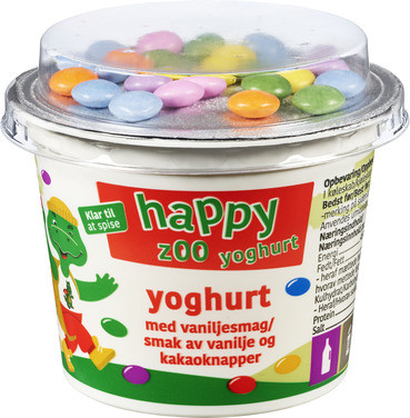 Yoghurt m/Vaniljesmak og Kakaotopping 119g Happy Zoo