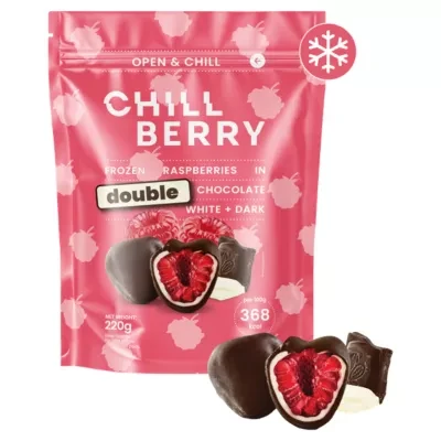 Chill Berry Frozen Raspberries in Double Chocolate White + Dark 220g