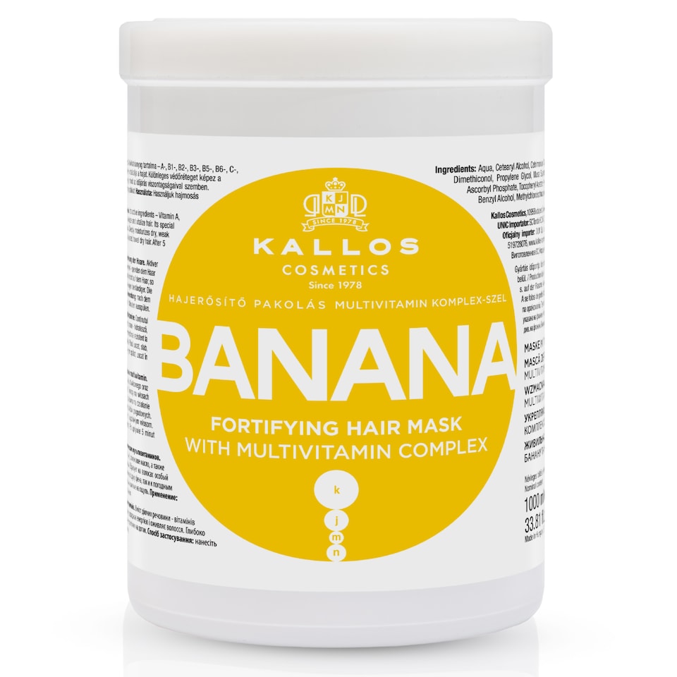 Kallos KJMN Banana Fortifying Hair Mask 1L Hydrating treatment for dry fragile hair Enriched with olive oil vitamins to nourish protect restore softness shine