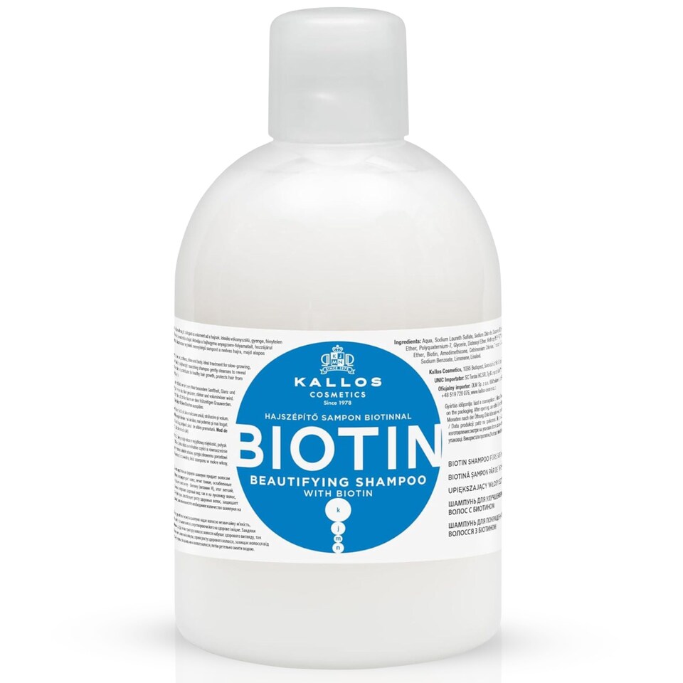 Kallos KJMN Biotin Beautifying Shampoo 1L Nourishing formula for dry damaged fragile hair Enriched coconut oil to reduce breakage strengthen roots hydrate scalp