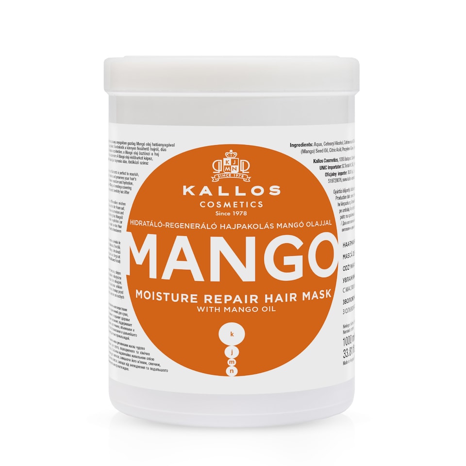 Kallos KJMN Mango Moisture Repair Hair Mask 1L Deeply moisturising treatment for dry damaged chemically treated hair enriched mango oil for shine and volume.