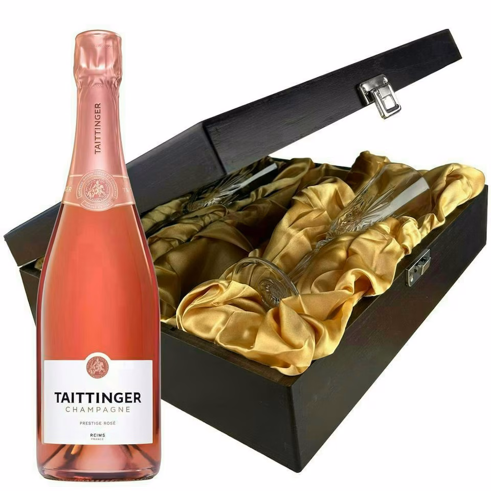 Taittinger Rose Champagne and Flutes in Wooden Hinged Presentation Box 75cl 12.5% abv
