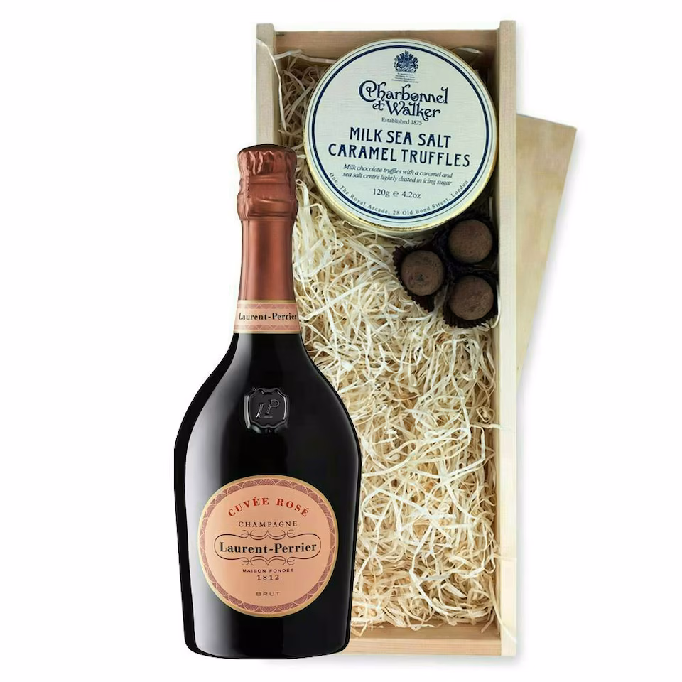 Laurent Perrier Cuvee Rose Champagne And Milk Sea Salt Charbonnel Chocolates Box 75cl 12% abv