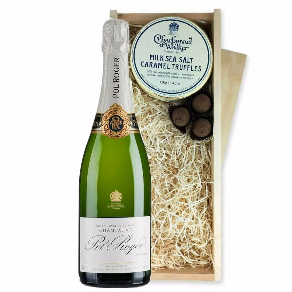 Pol Roger Brut Reserve Champagne And Milk Sea Salt Charbonnel Chocolates Box 75cl 12.5% abv