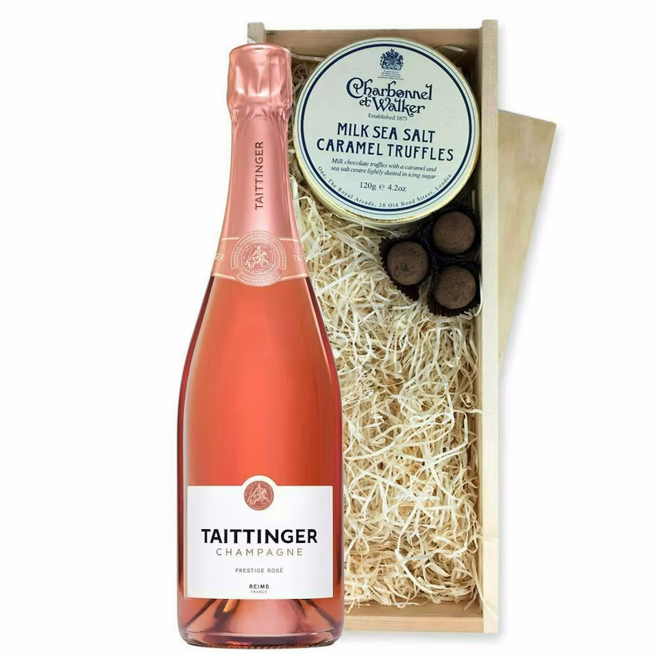 Taittinger Rose Champagne And Milk Sea Salt Charbonnel Chocolates Box 75cl 12.5% abv