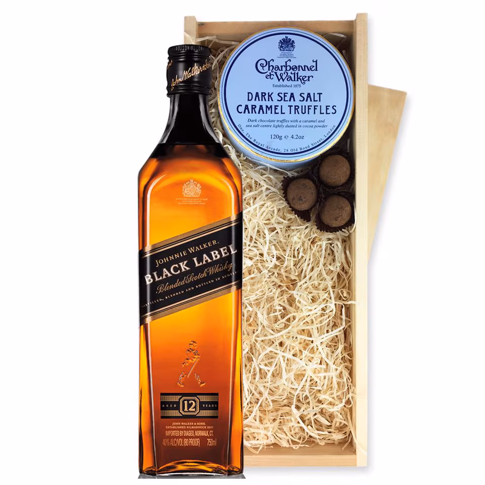 Johnnie Walker Black Label Whisky And Dark Sea Salt Charbonnel Chocolates Box 70cl 40% abv