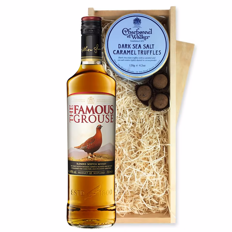 Famous Grouse Scotch Whisky And Dark Sea Salt Charbonnel Chocolates Box 70cl 40% abv