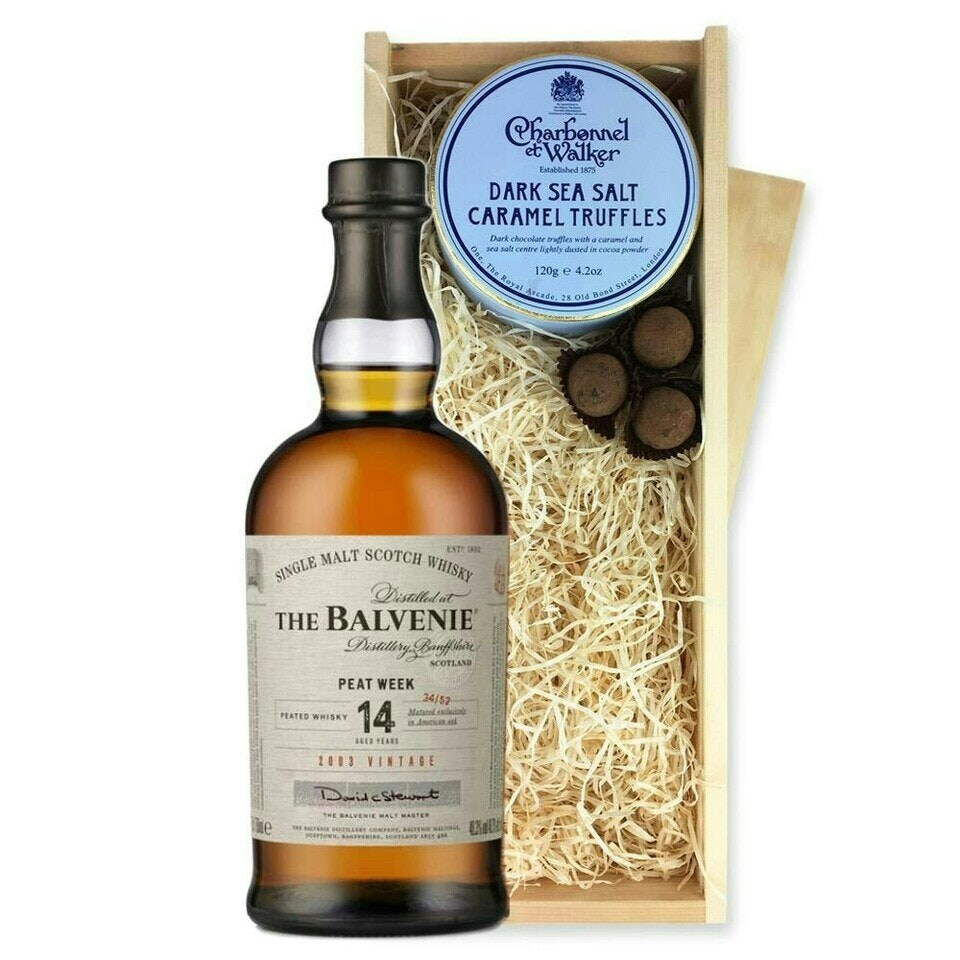 Balvenie Stories, The Week of Peat 14 year old Whisky And Dark Sea Salt Charbonnel Chocolates Box 70cl 48.3% abv