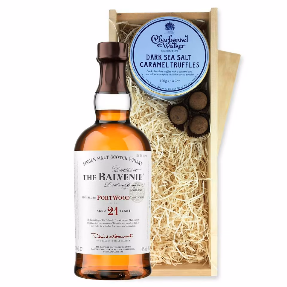 Balvenie 21 Year Old PortWood Finish Whisky And Dark Sea Salt Charbonnel Chocolates Box 70cl 40% abv