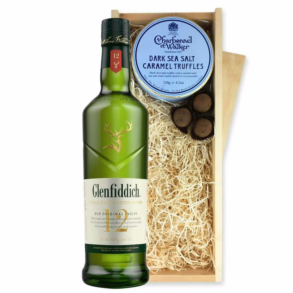 Glenfiddich 12 Year Old Whisky And Dark Sea Salt Charbonnel Chocolates Box 70cl 40% abv