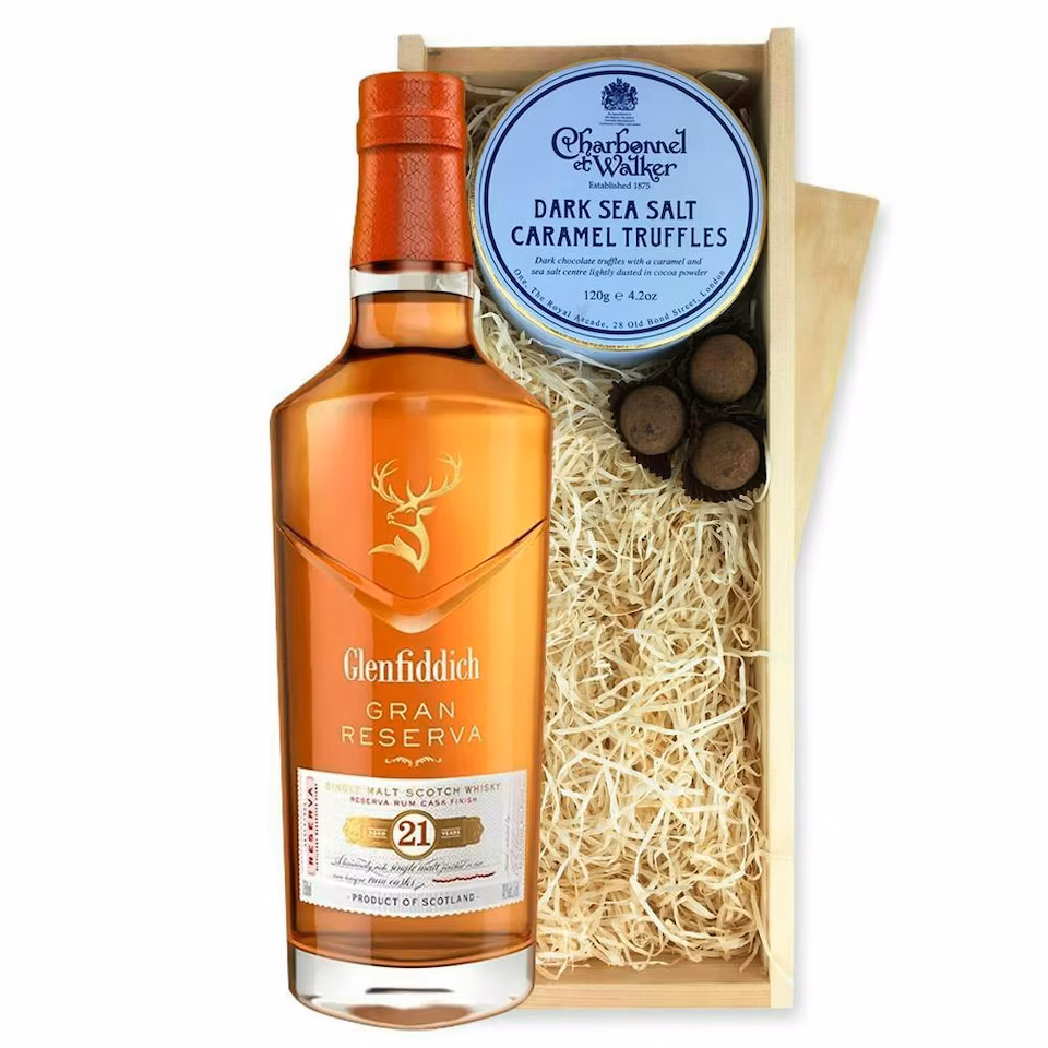 Glenfiddich 21 Year Old Gran Reserva Whisky And Dark Sea Salt Charbonnel Chocolates Box 70cl 40% abv