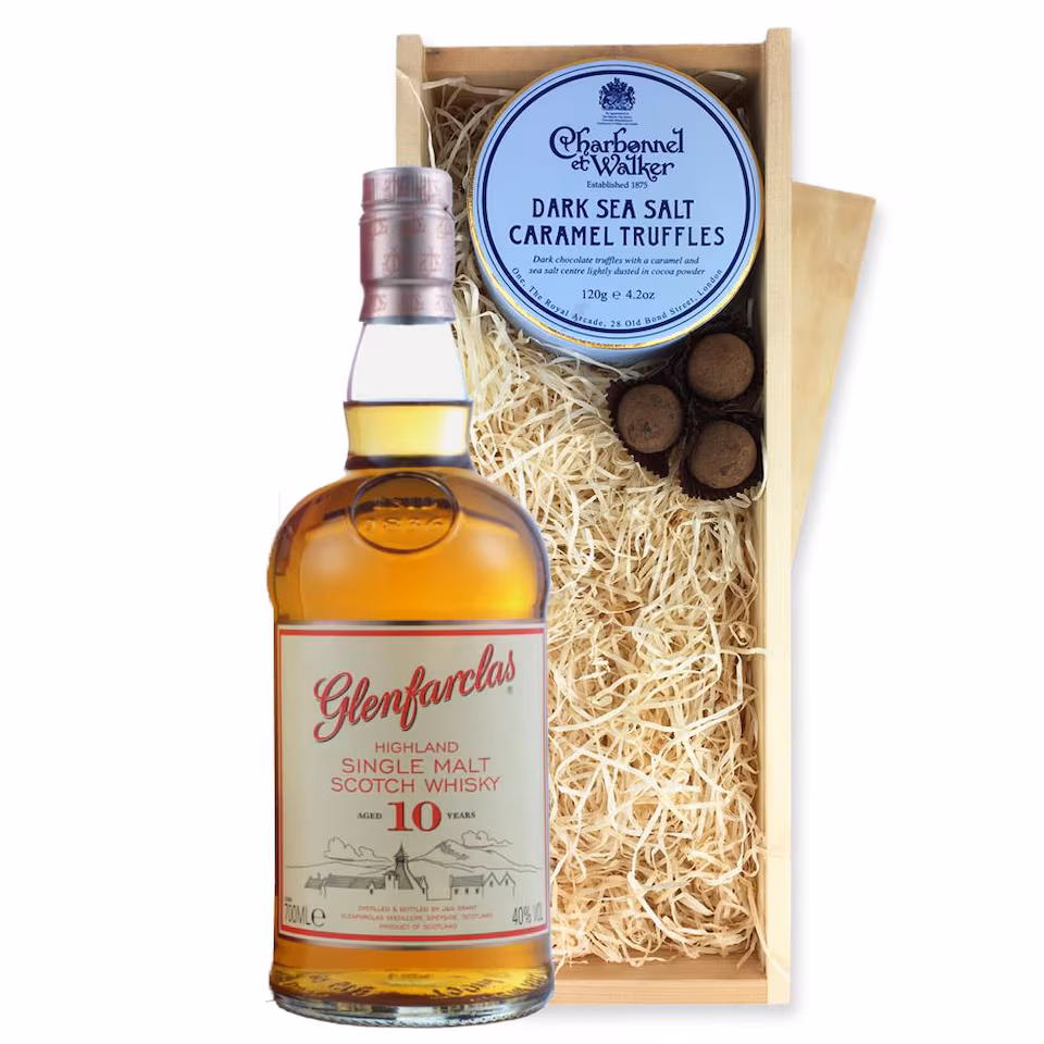 Glenfarclas 10 Year Old Whisky And Dark Sea Salt Charbonnel Chocolates Box 70cl 40% abv