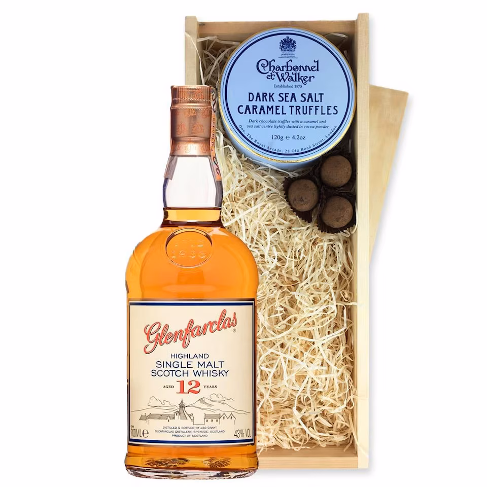 Glenfarclas 12 Year Old Whisky And Dark Sea Salt Charbonnel Chocolates Box 70cl 43% abv