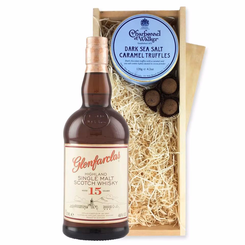 Glenfarclas 15 Year Old Whisky And Dark Sea Salt Charbonnel Chocolates Box 70cl 46% abv
