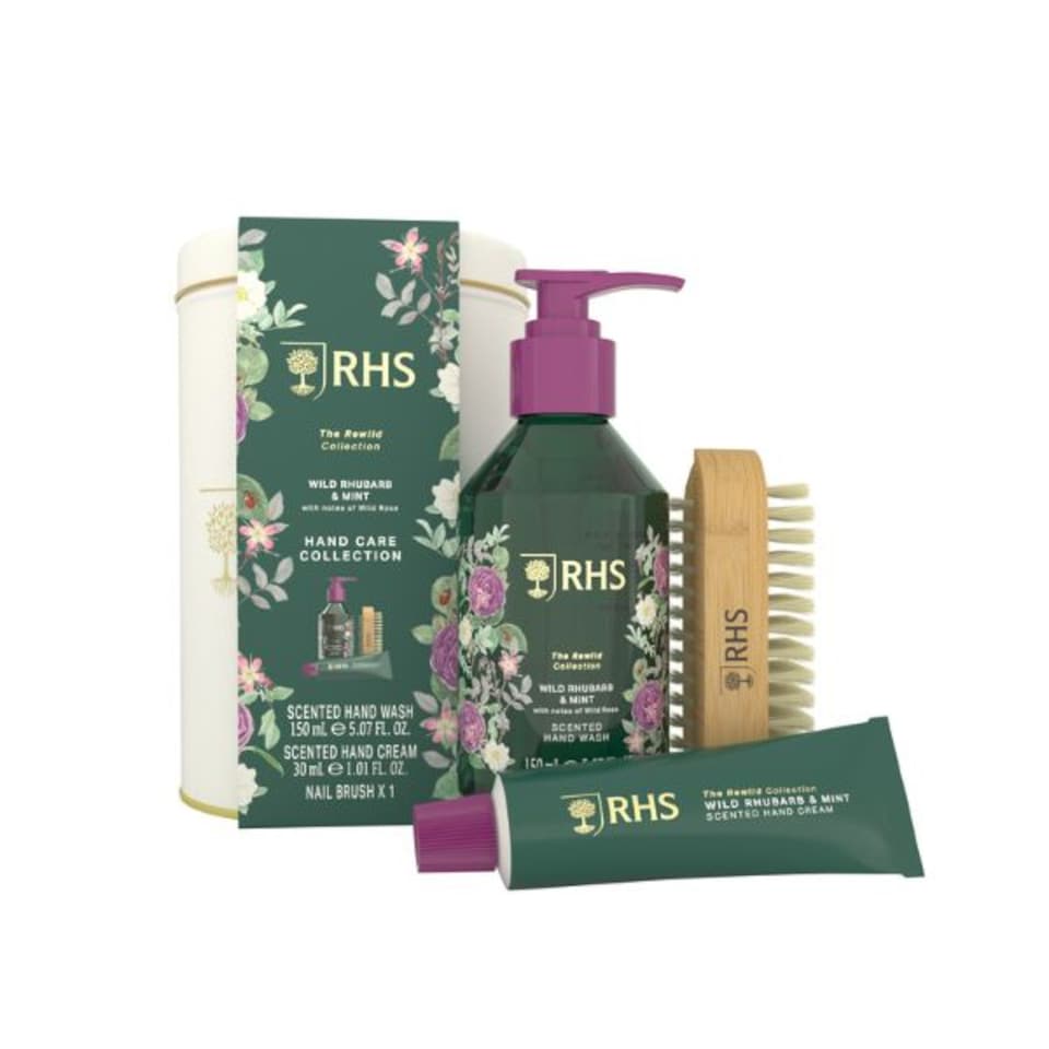 RHS Hand Care Set with Wash, Cream and Brush, Rhubarb & Mint