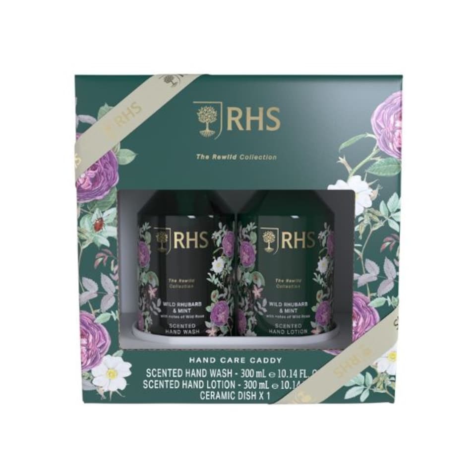 RHS Rewild Hand Care Caddy Wild Rhubarb & Mint 2 x 300ml