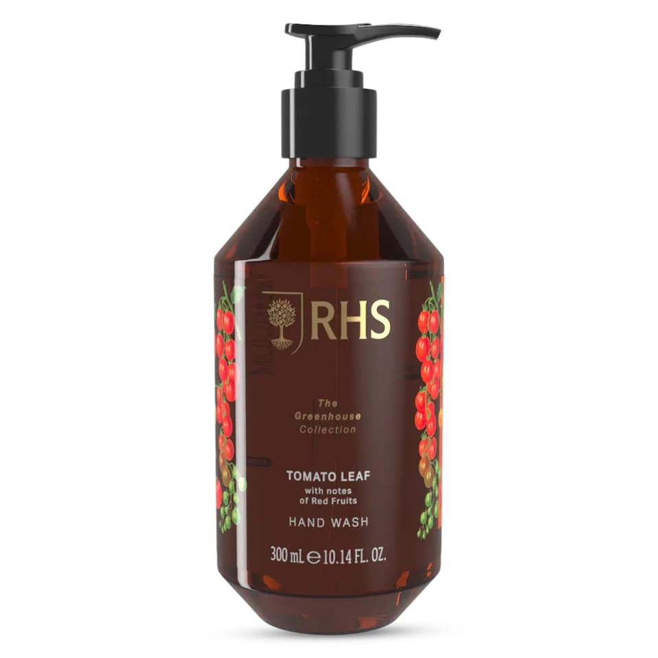 RHS Greenhouse Tomato Leaf Hand Wash with Basil Apple and Sandalwood Notes A Gentle Hand Wash Liquid that Leaves Hands Fresh and Lightly Scented 300ml