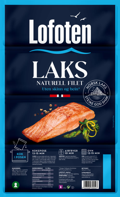 Laksefilet Naturell u/Skinn 4x125g Lofoten