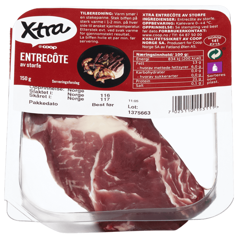 X-tra Skivet Entrecote Storfe 150g