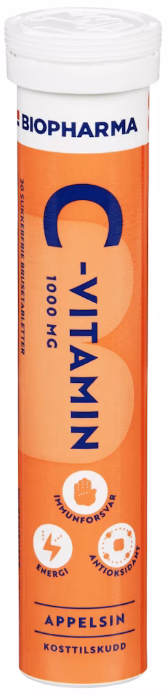 C-vitamin 1000 mg, Brusetabletter med appelsinsmak, 20 stk