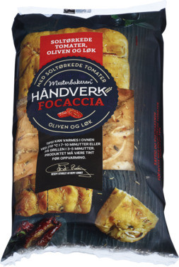 Focaccia m/ Løk Oliven og Soltørket Tomat 430 g Mesterbakeren