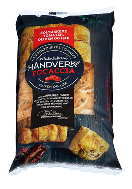 Focaccia m/ Løk Oliven og Soltørket Tomat 430 g Mesterbakeren