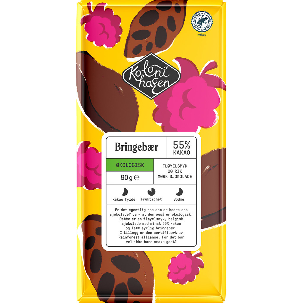 Mørk sjokolade med bringebær Økologisk 90g Kolonihagen