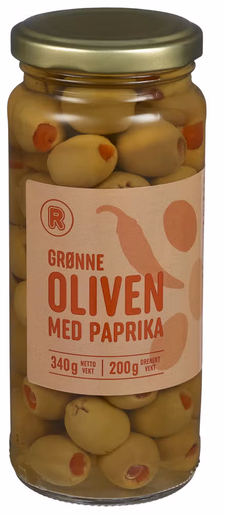 Grønne oliven Med paprika, 340 g