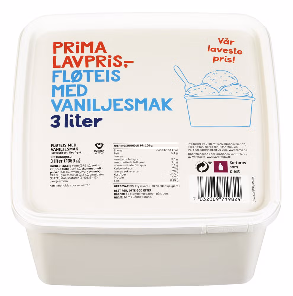 Fløteis med vaniljesmak 3 l