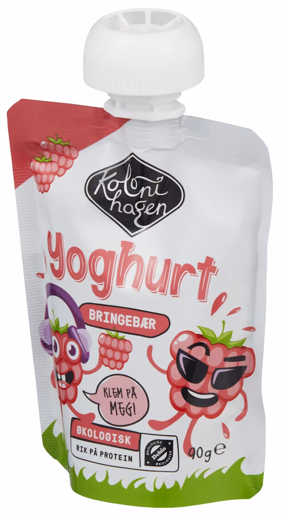 Yoghurt Bringebær Klemmepose Økologisk, 90 g
