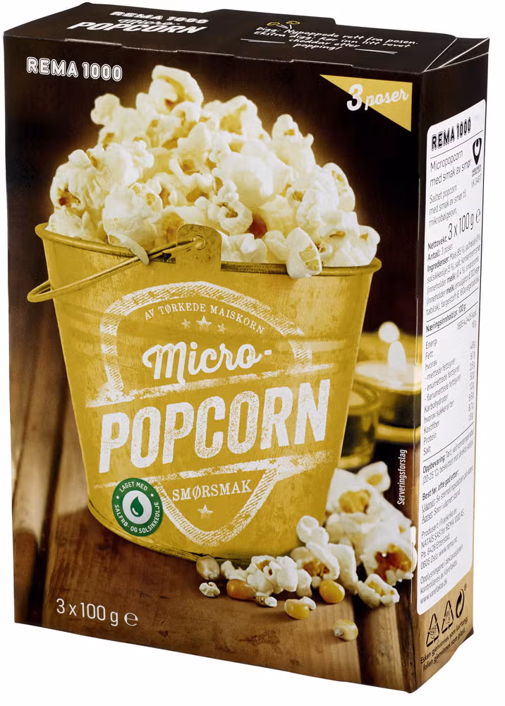 Micropopcorn med Smør Maks 10 per kunde, 3pk, 300 g