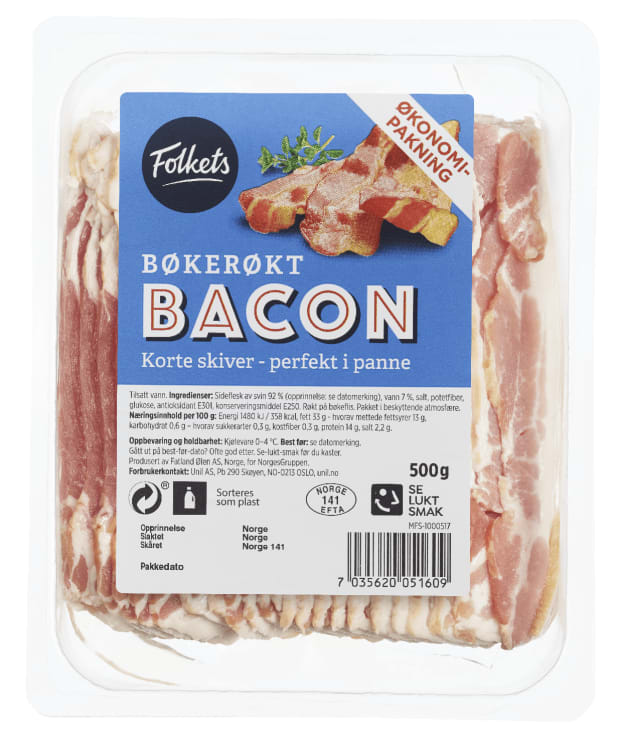 Bacon i skiver u/Svor 500g Folkets