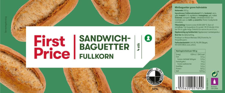 Sandwichbaguett Fullkorn 16pk First Price