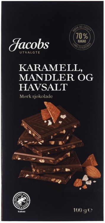 Sjokolade Mørk 70% Karamell/Mandel/Havsalt 100g Jacobs Utvalgte