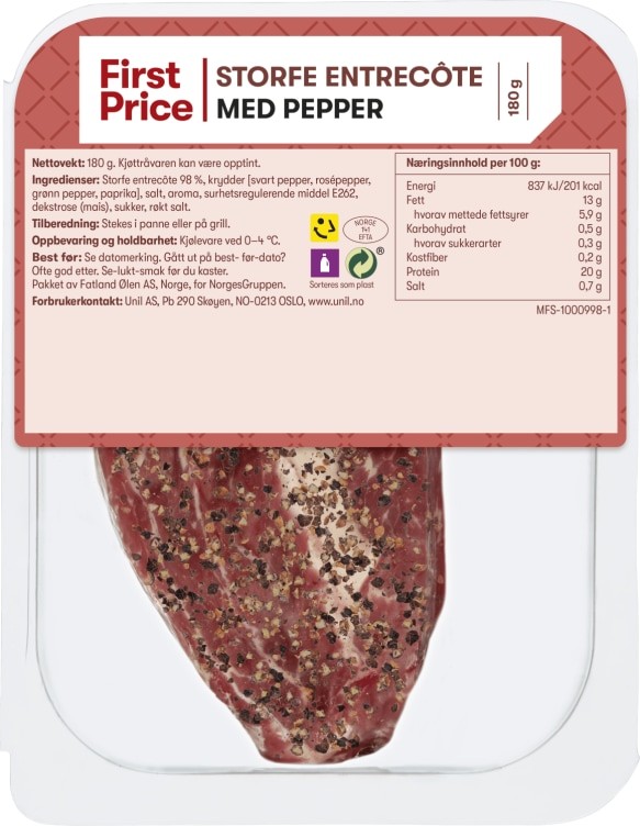 Storfe Entrecote m/pepper 180g First Price