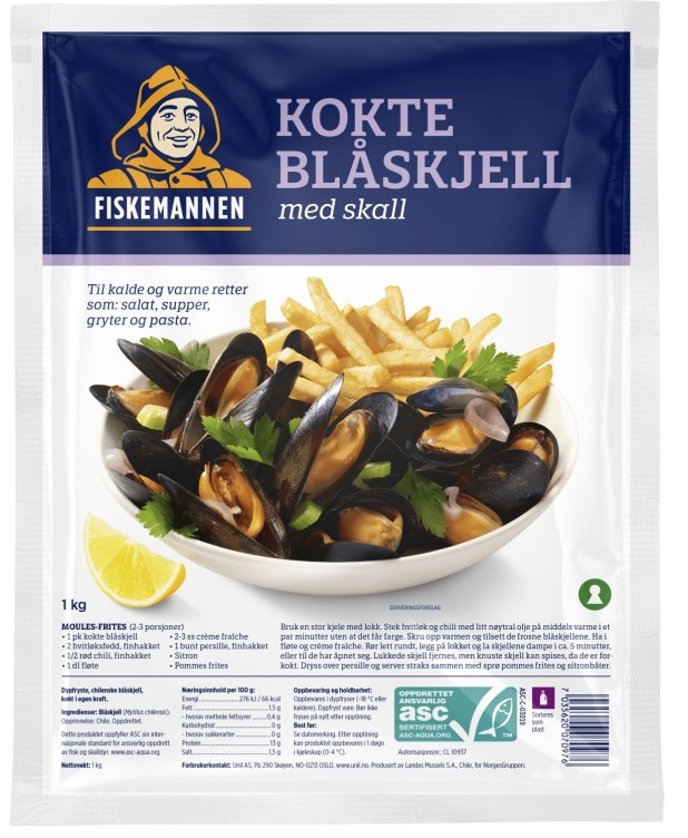 Blåskjell Kokte m/skall Asc 1kg Fiskemannen