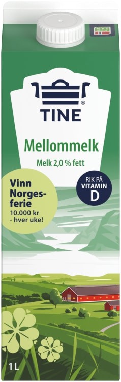 Mellommelk Melk 2% Fett 1l Tine