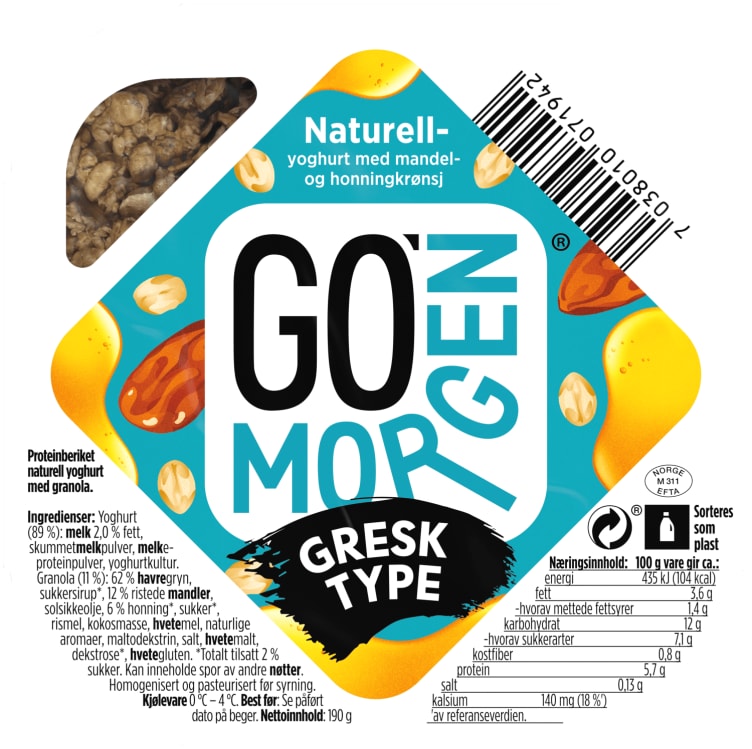 Go'Morgen Yoghurt Naturell&Honning 190g Tine