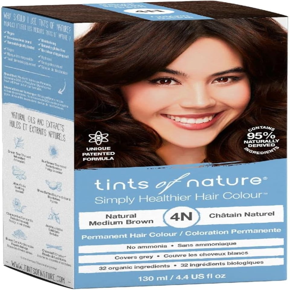 Tints of Nature 4N Natural Medium Brown Permanent Hair Dye, Nourishes Hair and Covers Greys, Ammonia-Free, 130ml