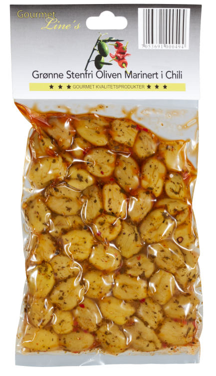 Oliven Grønn m/Chili 250g Gourmet Line