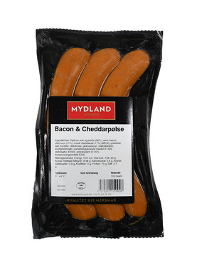 Cheddar og Baconpølse 310g Pk Mydland